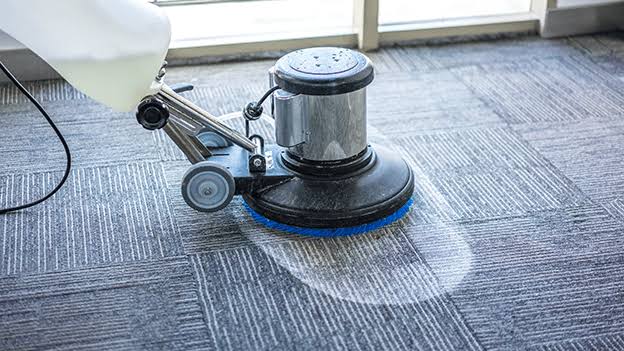 Professional carpet cleaning in progress